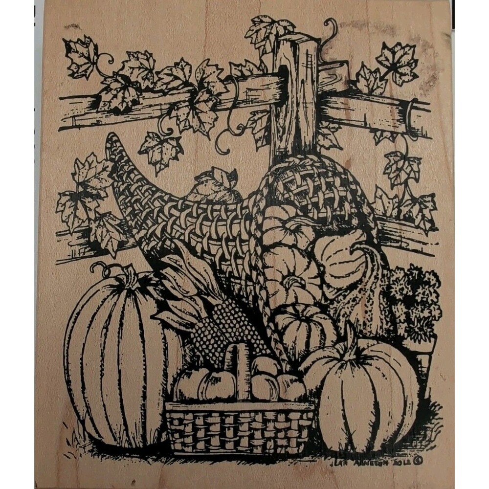 Northwoods Rubber Stamp Harvest Fall Background Pumpkin Apple Fence Mums Corn